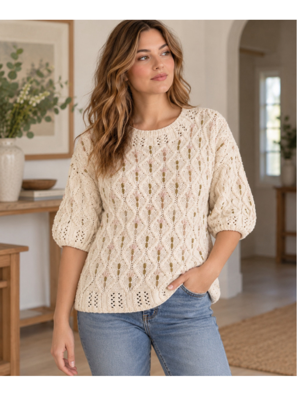 Lauren Hansen Knitted by Hand Floral Cable Knit Sweater Cream Medium Cottagecore